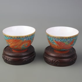 PAIR OF CLOISONNE DRAGON AND PHOENIX PATTERN SMALL BOWLS