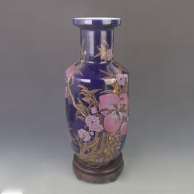 SACRIFICIAL BLUE GLAZE GOLD LONGEVITY MOTIF PORCELAIN VASE