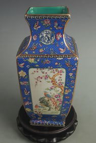 ENAMEL COLOR BLUE GROUND FLORAL AND BIRD PATTERN PORCELAIN SQUARE VASE