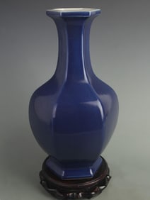 CELADON DARK BLUE COLOR GLAZED SIX-SIDED PORCELAIN VASE
