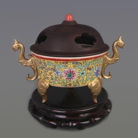 RARE CLOISONNE ENAMEL BEAST EAR THREE-FOOTED INCENSE BURNER WITH REDWOOD LID
