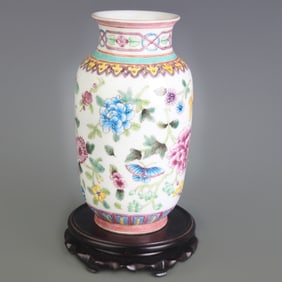 ENAMEL COLOR FAMILE ROSE FLORAL BIRD PATTERN MELON STYLE VASE