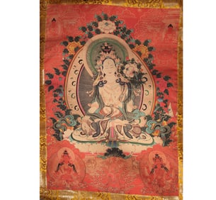 A FINE TIBETAN THANGKA ON SILK DEPICTING SADAKSHARI LOKESHVARA