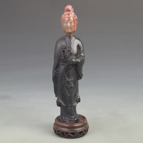 SANDALWOOD CARVED WITH SHOUSHAN STONE LADY FIGURE