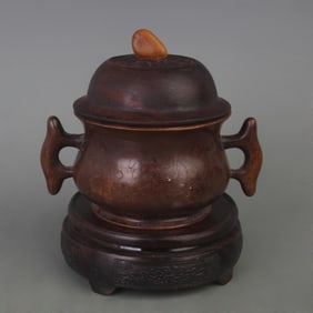 RARE CHARACTER PATTERN FISH EAR BRONZE INCENSE BURNER WITH REDWOOD LID