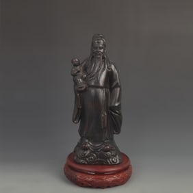 BOXWOOD ROOT CARVING OF GOD OF FORTUNE SENDING SON