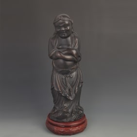 BAMBOO ROOT CARVED LIU HAI AND GOLDEN TOAD STATUE