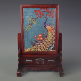 A FINE SANDALWOOD SCREEN INLAID WITH MARBLE AND CLOISONNE ENAMEL