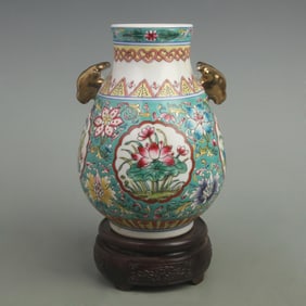 RARE FAMILLE ROSE BLUE GROUND DEER HEAD PORCELAIN VASE