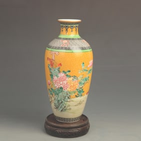 CLOISONNE ENAMEL YELLOW GROUND VASE WITH FLOWER AND BIRD PATTERNS