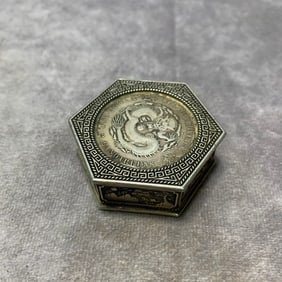 WHITE BRONZE FINELY CARVED COIN INLAID INK PASTE BOX