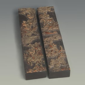 BLACK SANDALWOOD PAPERWEIGHT WITH GROUP OF IMMORTALS DESIGN