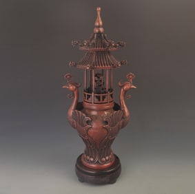 BRONZE INCENSE BURNER WITH DRAGON AND PHOENIX PAGODA DESIGN, ATTRACTING WEALTH AND TREASURE