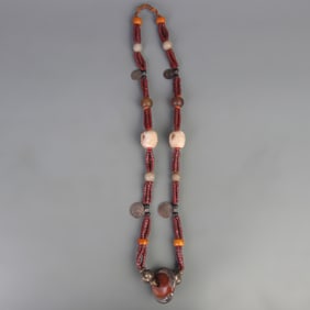 TIBETAN BUDDHIST NECKLACE (AGATE, CLAM SHELL, TIBETAN COINS, ETC.)