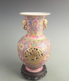 ROUGE RED COLOR FOUR SIDED CARVED INNER REVOLVING PORCELAIN VASE