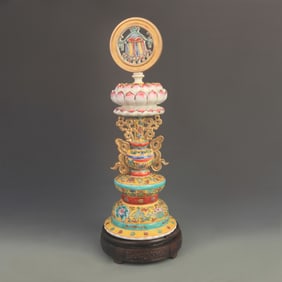 ONE OF THE EIGHT TREASURES OF BUDDHISM YELLOW GROUND FAMILLE ROSE VASE