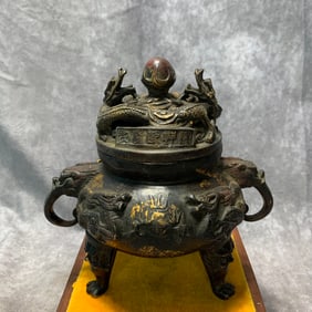 MING XUANDE MARK GILT BRONZE DRAGON-LID ELEPHANT-EAR BEAST-FOOT INCENSE BURNER
