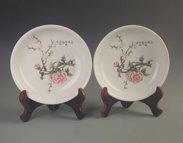 RARE PAIR OF YELLOW GLAZED FAMILLE ROSE FLOWER PATTERN PLATE