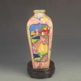 ENAMEL SQUARE VASE WITH GILDED WESTERN FIGURE PANELS
