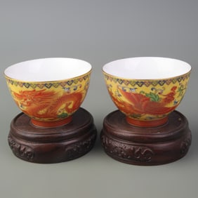 PAIR OF CLOISONNE DRAGON AND PHOENIX PATTERN SMALL BOWLS