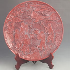 CARVED RED LACQUER LARGE PLATE WITH IMMORTALS CELEBRATING LONGEVITY