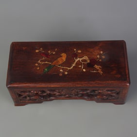 A FINE REDWOOD INLAID WITH SHELL INK STONE STAND