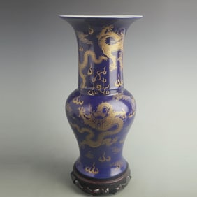 MUSTARD BLUE COLOR GILT FLORAL PATTERN PORCELAIN VASE