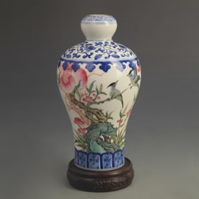 CLOISONNE GLAZED FLOWER AND BIRD GARLIC HEAD STYLE VASE