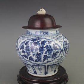RARE BLUE AND WHITE GLAZED FLOWER PATTERN GENERAL STYLE JAR WITH LID