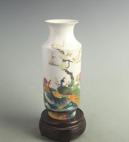 FAMILLE CLOISONNE ENAMEL PEACOCK PATTERN CYLINDRICAL STYLE PORCELAIN VASE