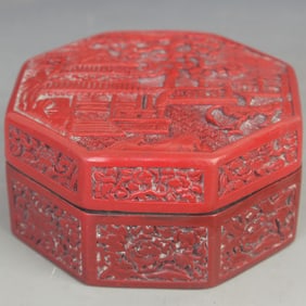 CARVED RED LACQUER PINE AND CRANE PATTERN OCTAGONAL BOX