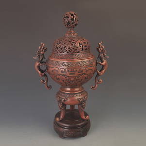 RARE BRONZE FLOWER AND DRAGON PATTERN INCENSE BURNER
