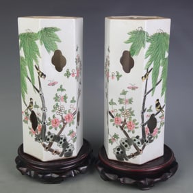 PAIR OF FAMILLE ROSE HEXAGONAL FLOWER AND BIRD PATTERN PORCELAIN HAT TUBES