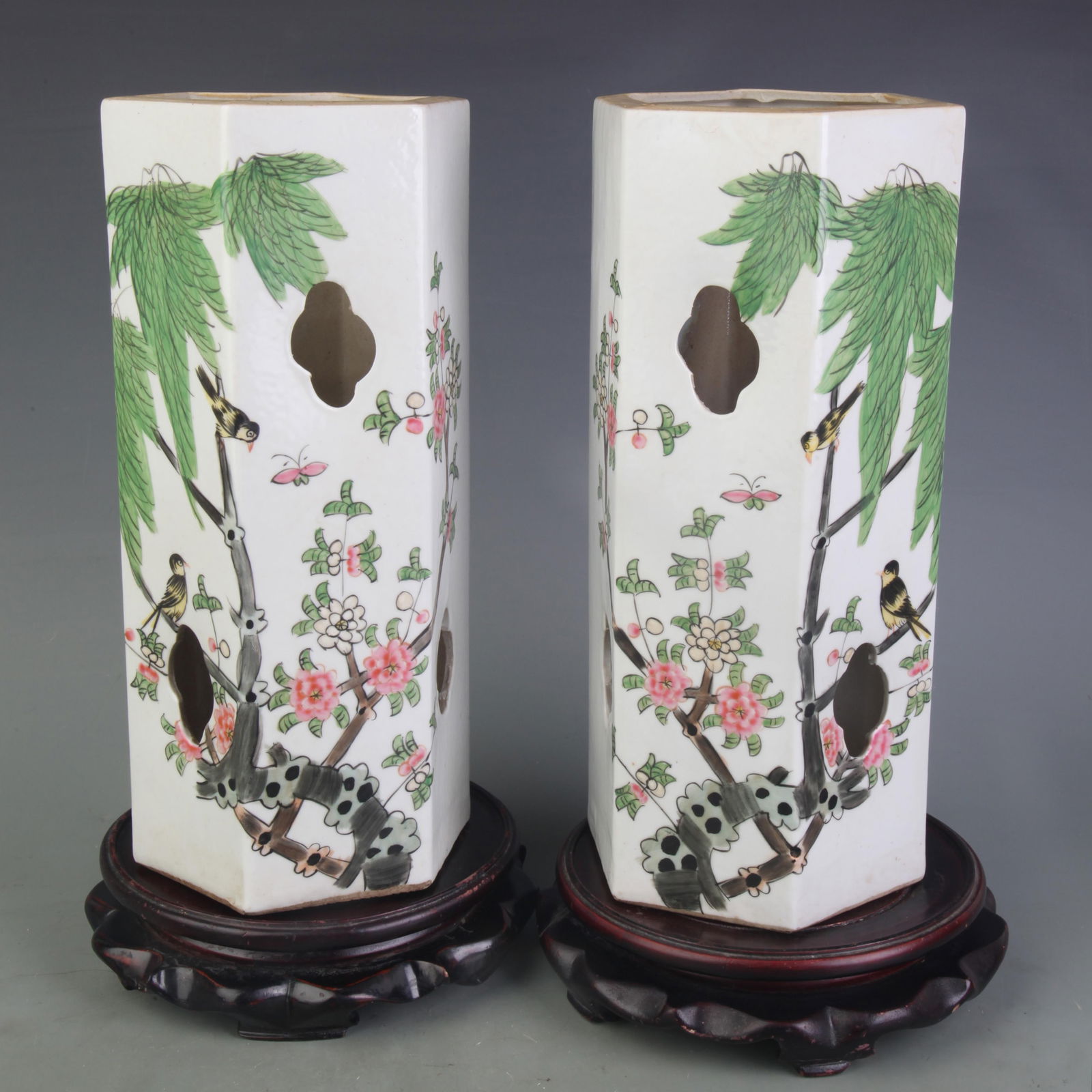PAIR OF FAMILLE ROSE HEXAGONAL FLOWER AND BIRD PATTERN PORCELAIN HAT TUBES (1 of 10)