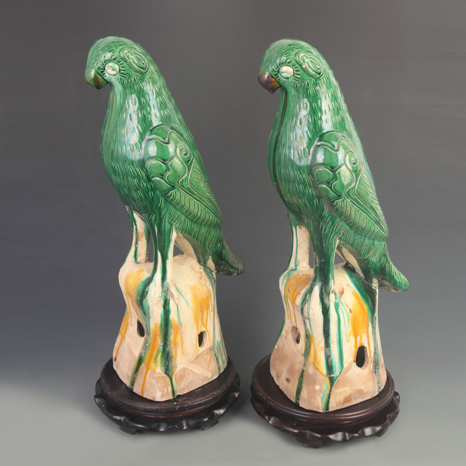 PAIR OF GREEN GLAZED POTTERY PARROT ORNAMENTS: Liao Dynasty Style; High: 17.5 inch; Width: 6.00 inch;