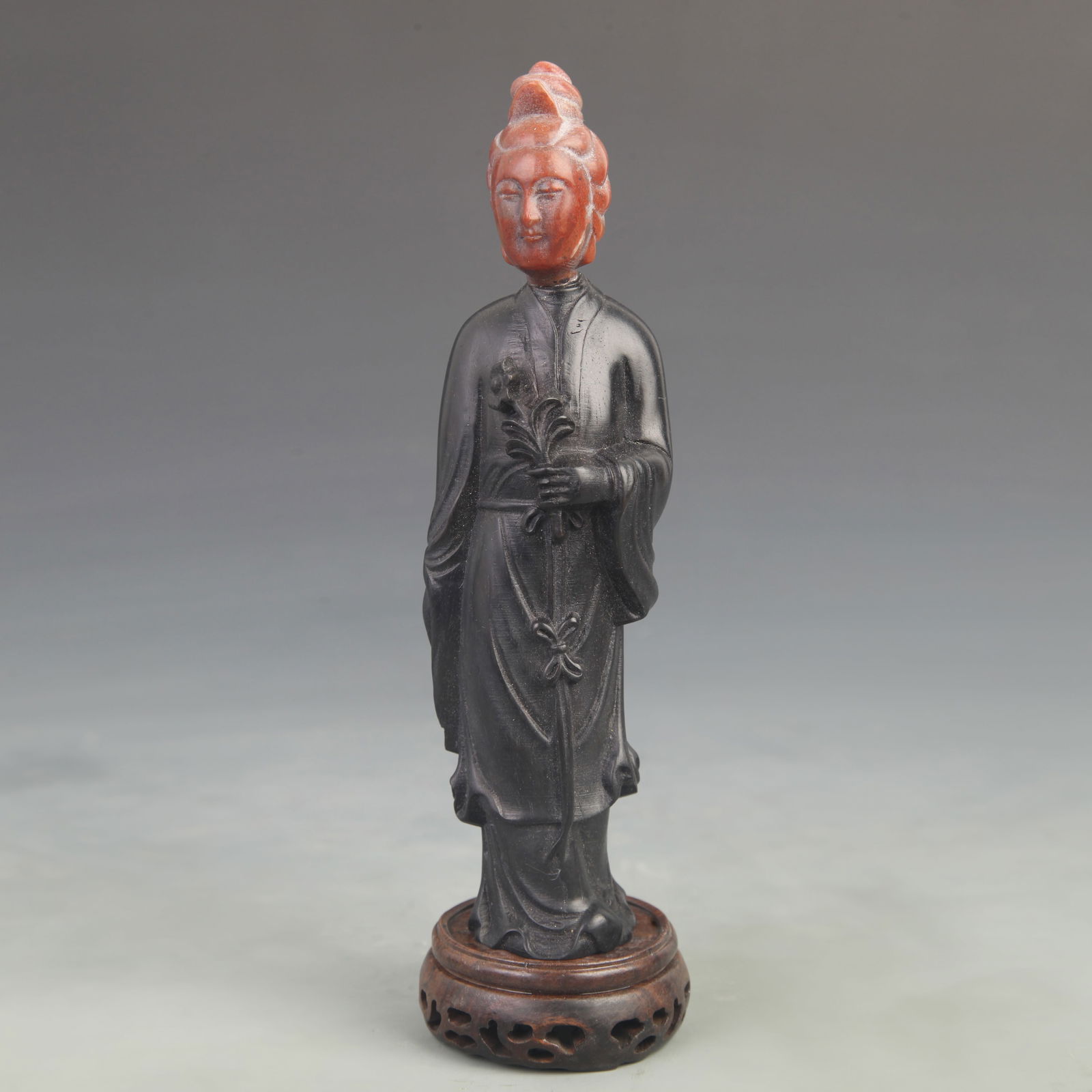 SANDALWOOD INLAID SHOUSHAN STONE CARVED FEMALE STATUE (1 of 5)