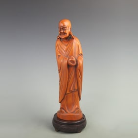 RARE BOXWOOD CARVED DARUMA STANDING STATUE