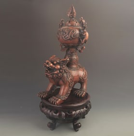BRONZE INCENSE BURNER WITH LOTUS, DOUBLE DRAGON, PEARL, AUSPICIOUS BEAST AND “FU?? CHARACTER IN