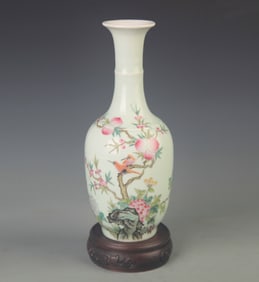 RARE LIGHT BLUE GLAZE FAMILLE ROSE PEACH PATTERN VASE
