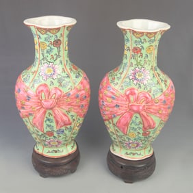 PAIR OF GREEN GROUND OLIVE STYLE PORCELAIN VASES