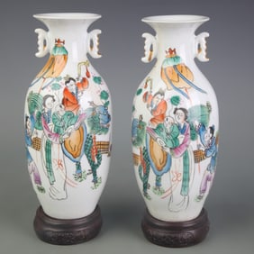 PAIR OF FAMILLE ROSE CHARACTER PATTERN DOUBLE-EARED VASES