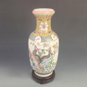 FAMILLE-ROSE PHOENIX PATTERN PORCELAIN FLOWER VASE