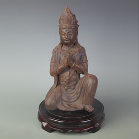 A FINE ROSEWOOD GUANYIN STATUE