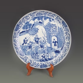 BLUE AND WHITE CHARACTER STORY PATTERN LARGE PORCELAIN PLATE