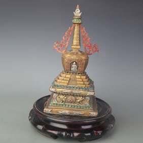 A FINE COLORED BRONZE BUDDHIST PAGODA