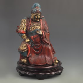 WOODEN LACQUER AND GOLD STATUE OF MARTIAL WEALTH GOD GUAN GONG
