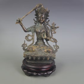 A FINE MANJUSHRI BODHISATTVA BUDDHA BRONZE STATUE