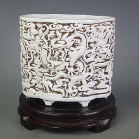 WHITE PORCELAIN CARVED DRAGON PATTERN BRUSH POT