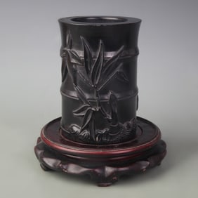 SANDALWOOD CARVED BIRD-AND-FLOWER BRUSH POT