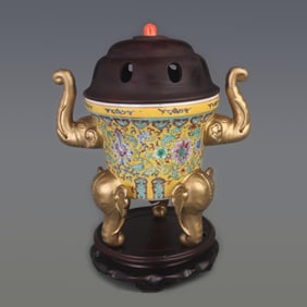 CLOISONNE COLOR ELEPHANT EAR THREE FOOT PORCELAIN INCENSE BURNER WITH REDWOOD COVER